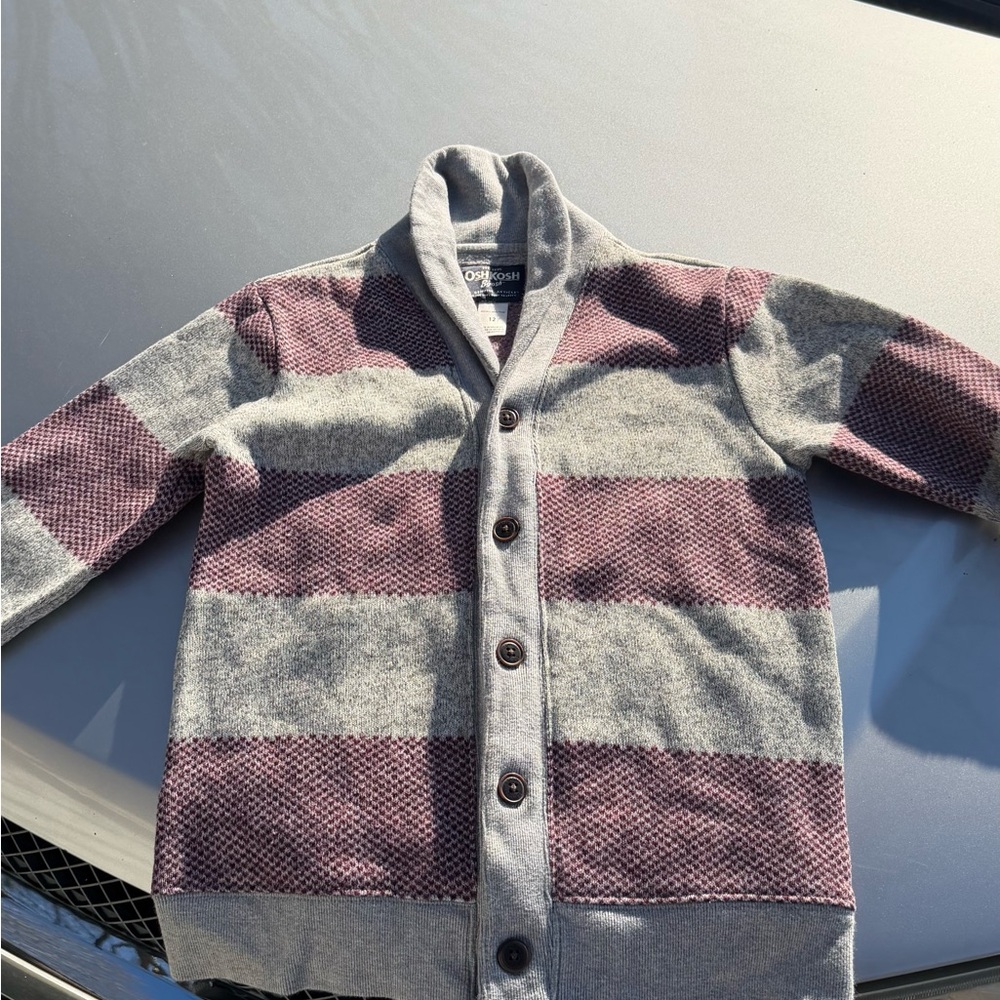 OshKosh B'gosh Boys Gray and Maroon Striped Shawl Collar Cardigan